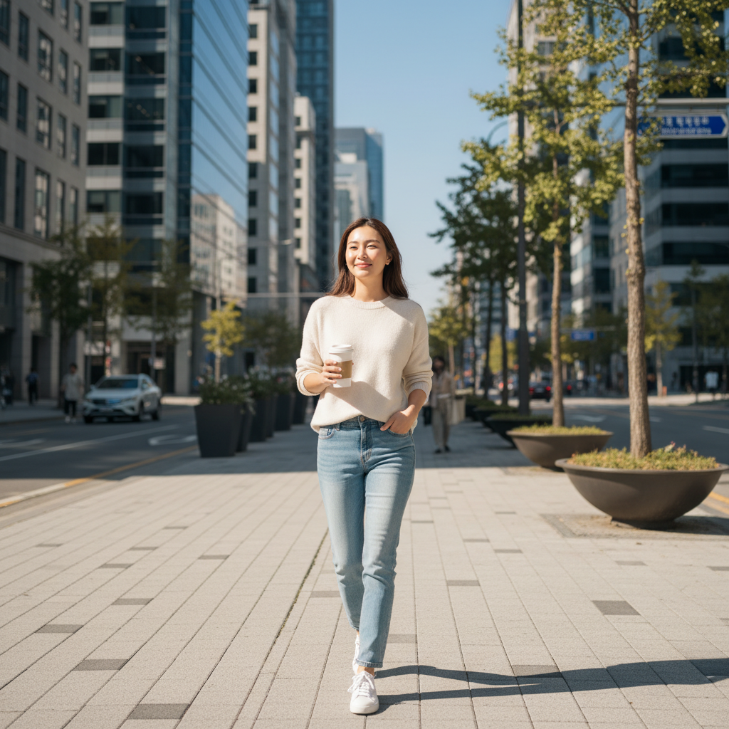 Thai woman in her late twenties walking along Gangnam-daero in Seoul, holding a takeaway coffee, healthy glowing skin, modern glass buildings in background
