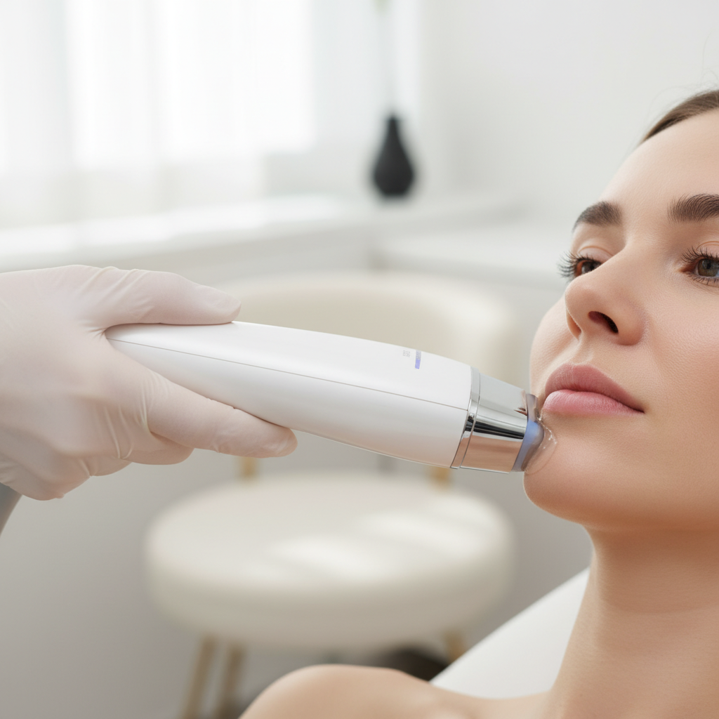 Ultherapy HIFU handpiece transducer held just above a patient's jawline in a Korean aesthetic clinic treatment room