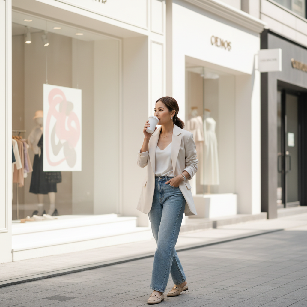 Thai woman walking along Apgujeong Rodeo Street in Seoul, holding a coffee, confident and relaxed after a clinic visit