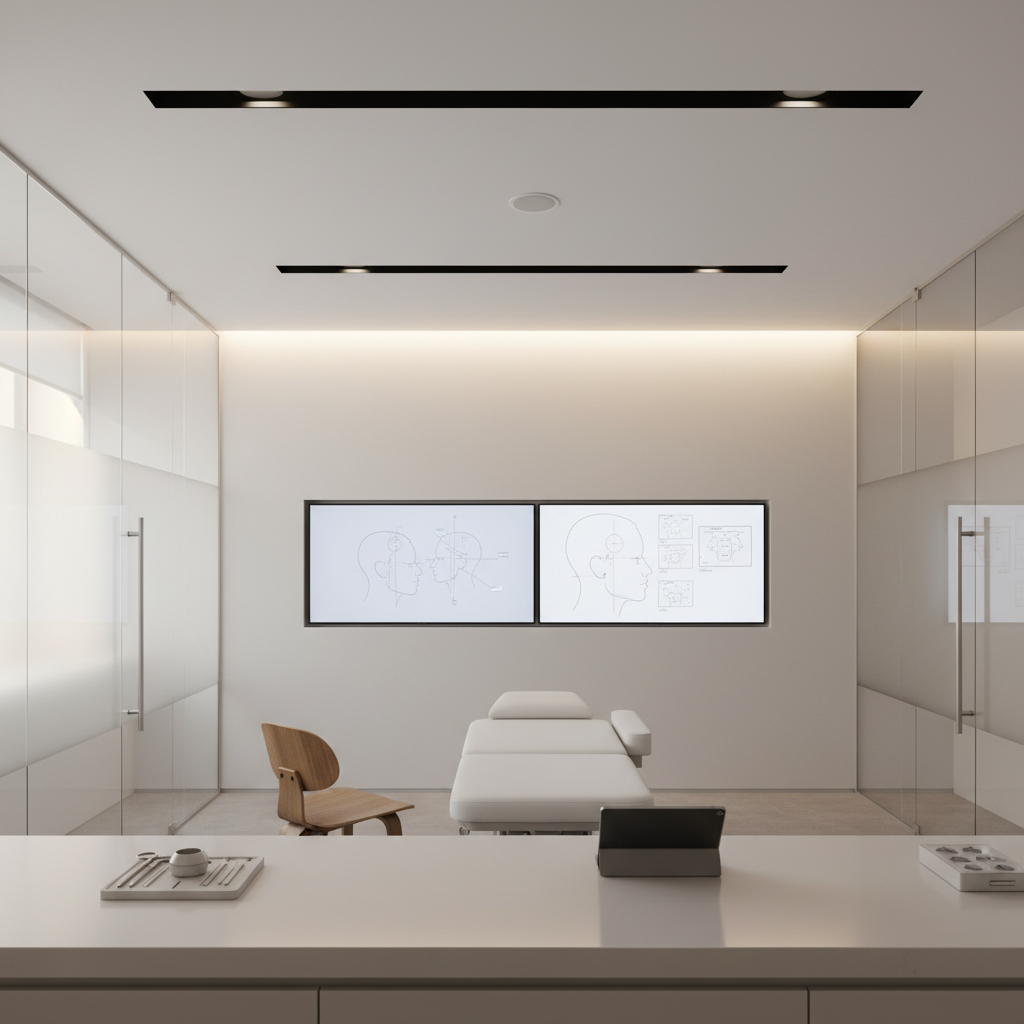Premium surgical consultation room in a Gangnam aesthetic clinic, with monitors displaying facial profile photographs