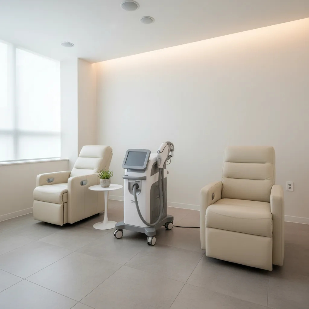 Modern pico laser treatment room inside a Gangnam aesthetic dermatology clinic, clean minimal interior with soft warm lighting