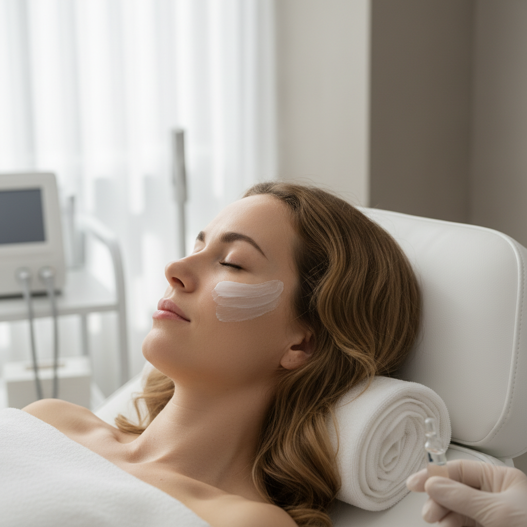 Patient resting on a treatment chair in a Gangnam aesthetic clinic with topical numbing cream applied before a Rejuran session