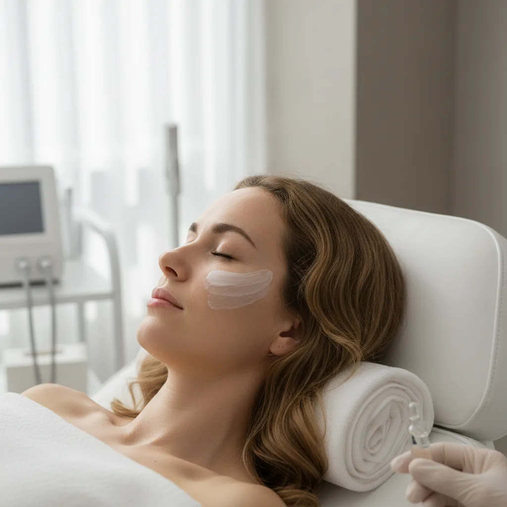 Patient resting on a treatment chair in a Gangnam aesthetic clinic with topical numbing cream applied before a Rejuran session