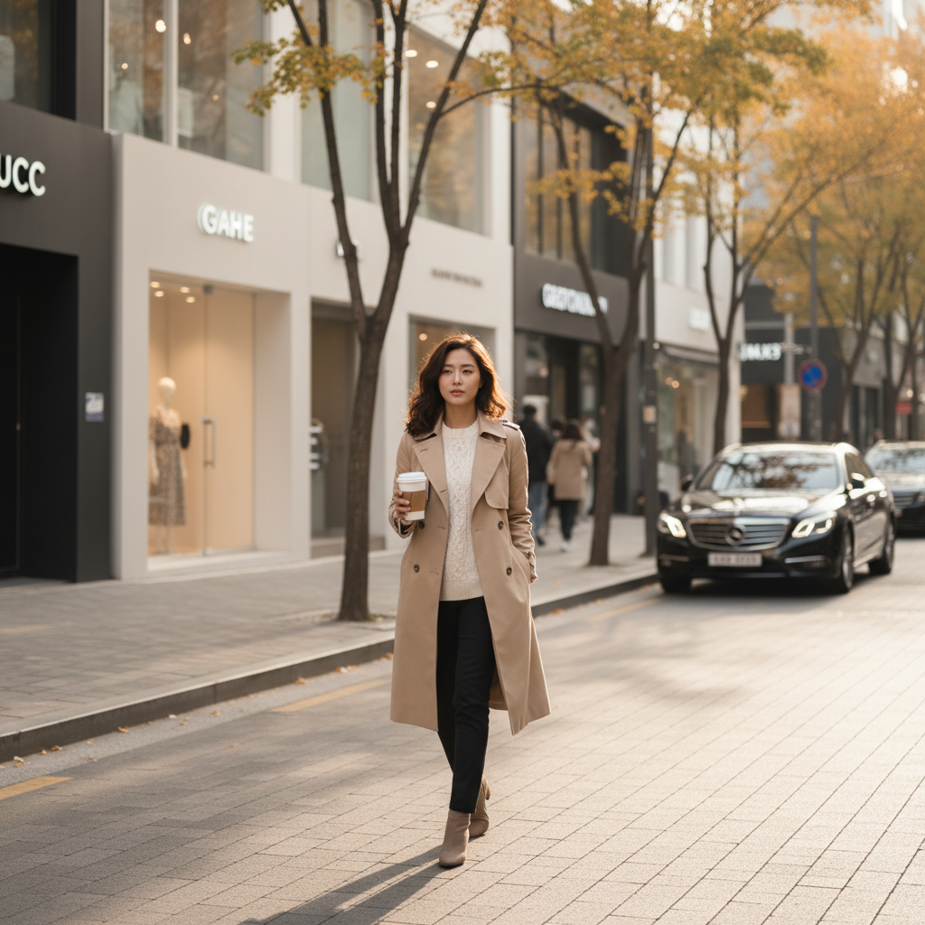 Medical tourist walking down an Apgujeong Rodeo street in Seoul during golden hour after a clinic visit
