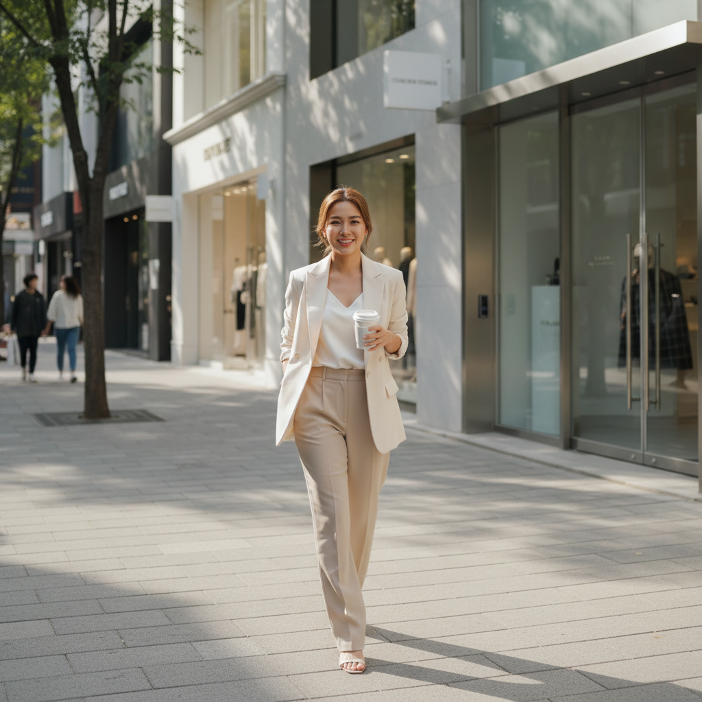 Thai woman in her late twenties walking a sunny Cheongdam street in Seoul post-treatment, holding a takeaway coffee with high-end boutiques behind her