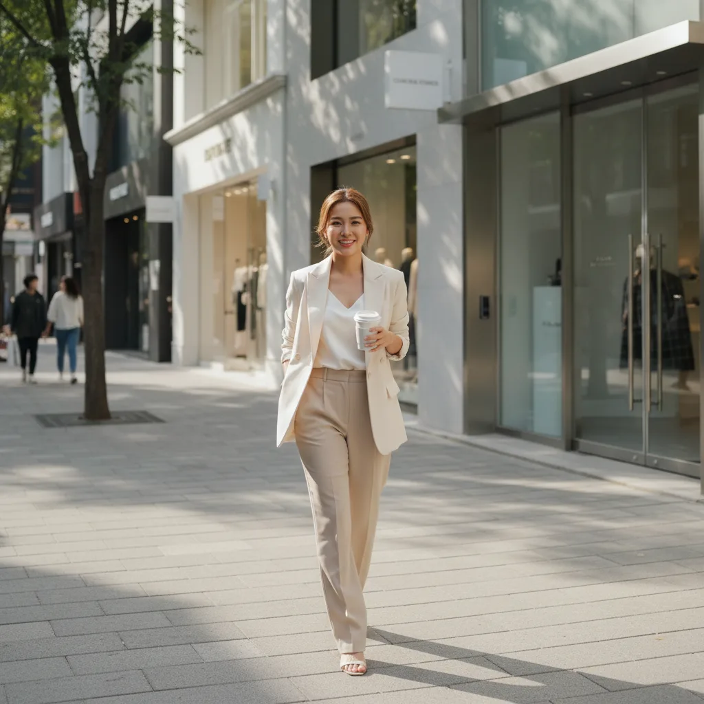 Thai woman in her late twenties walking a sunny Cheongdam street in Seoul post-treatment, holding a takeaway coffee with high-end boutiques behind her