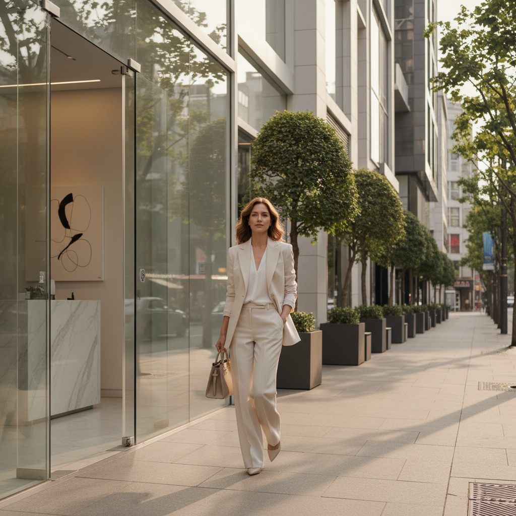 Caucasian woman leaving an aesthetic clinic in Cheongdam, Seoul, in the early evening