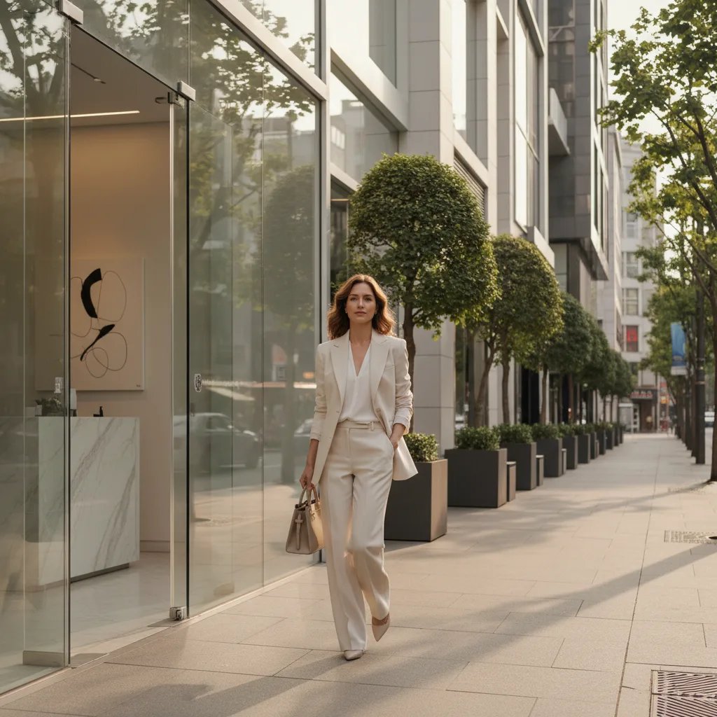 Caucasian woman leaving an aesthetic clinic in Cheongdam, Seoul, in the early evening