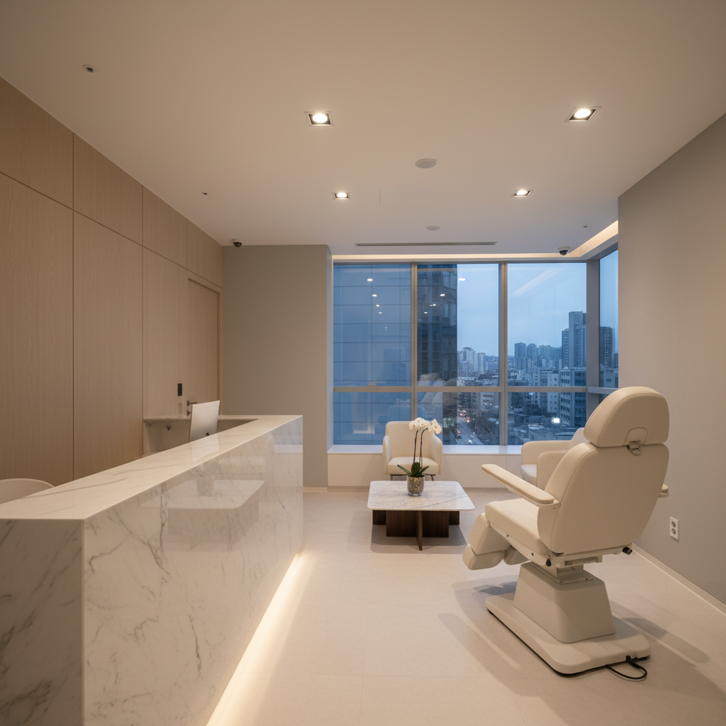 Modern aesthetic clinic consultation room interior in Gangnam, Seoul — clean white marble surfaces, minimalist design, soft ambient lighting