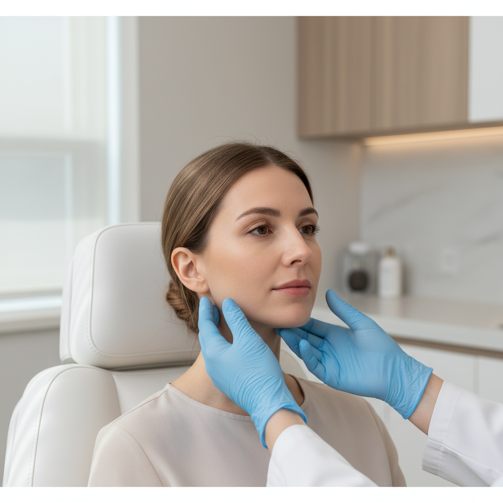 Caucasian woman in her early thirties in a Seoul clinic consultation, doctor examining her jawline in a minimal medical setting
