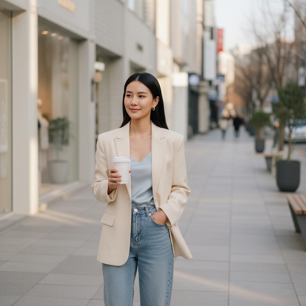 Thai woman in her late twenties holding a takeaway coffee and walking along the Apgujeong shopping street in Seoul after an aesthetic clinic visit