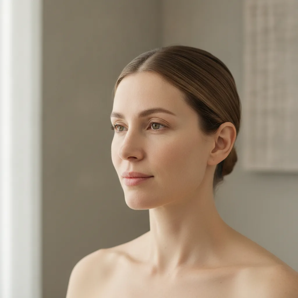 Close-up of a Caucasian woman's neck and collarbone in soft natural light at a Gangnam aesthetic clinic