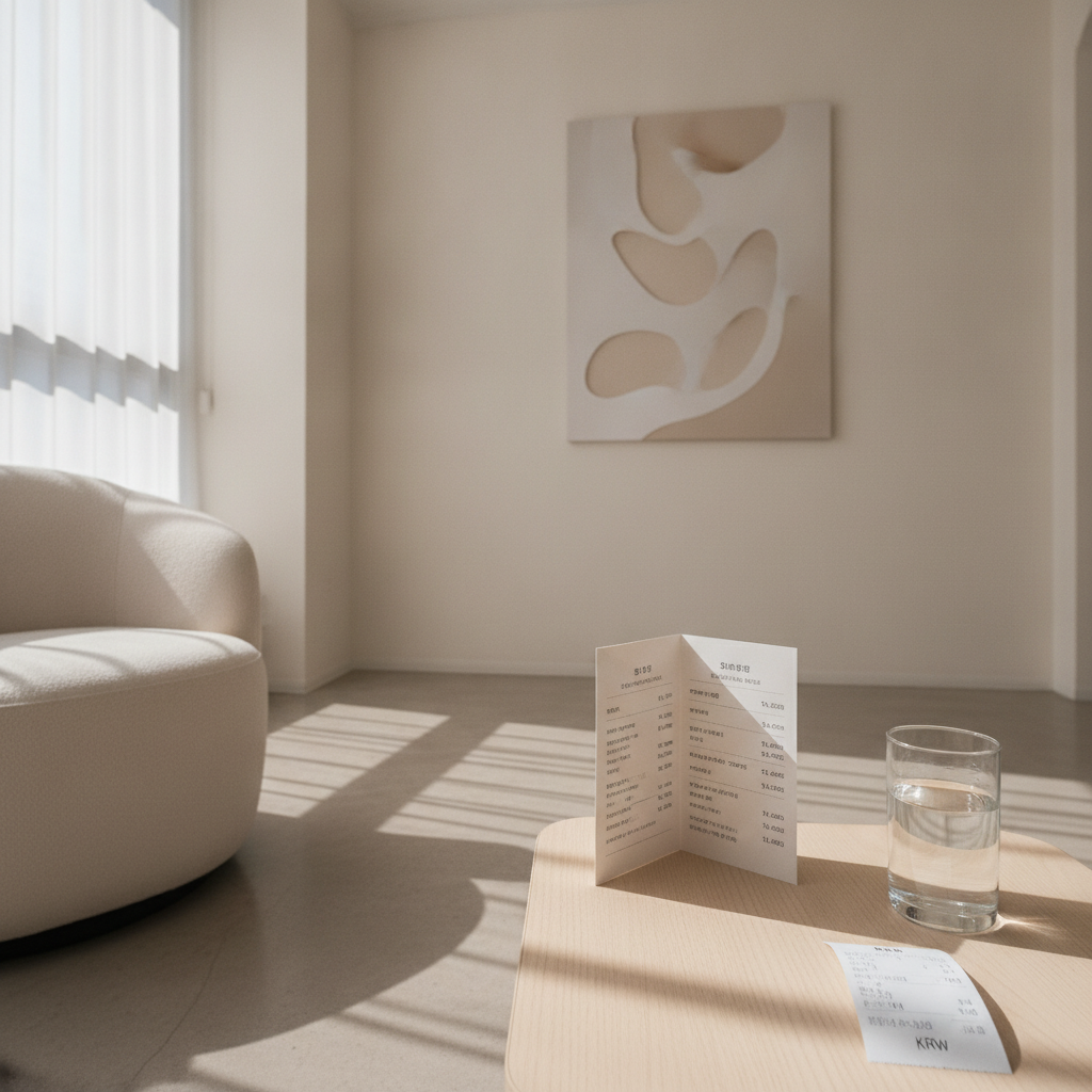 Folded clinic price-list brochure and a KRW receipt on a wooden side table in a Seoul consultation room