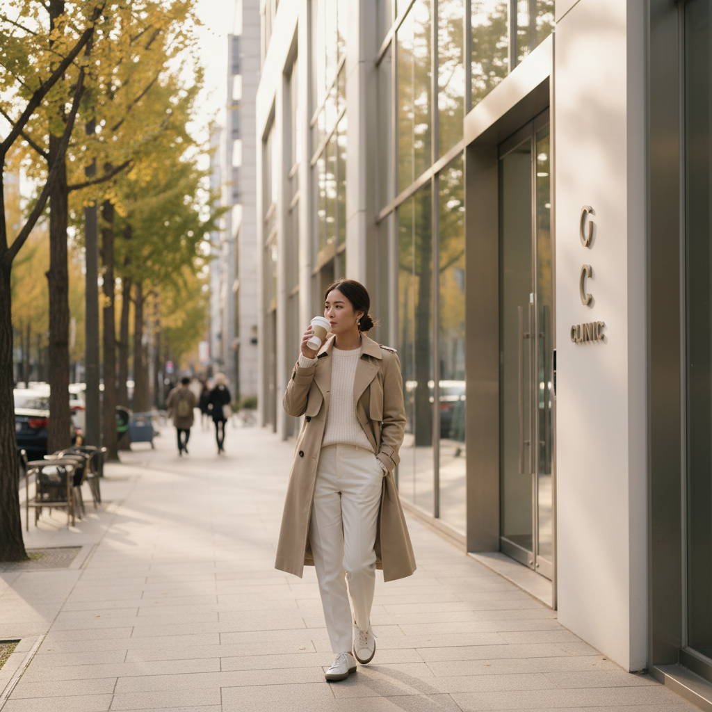 Woman walking past a glass clinic entrance on a tree-lined Apgujeong street in Seoul with a takeaway coffee, late afternoon light.