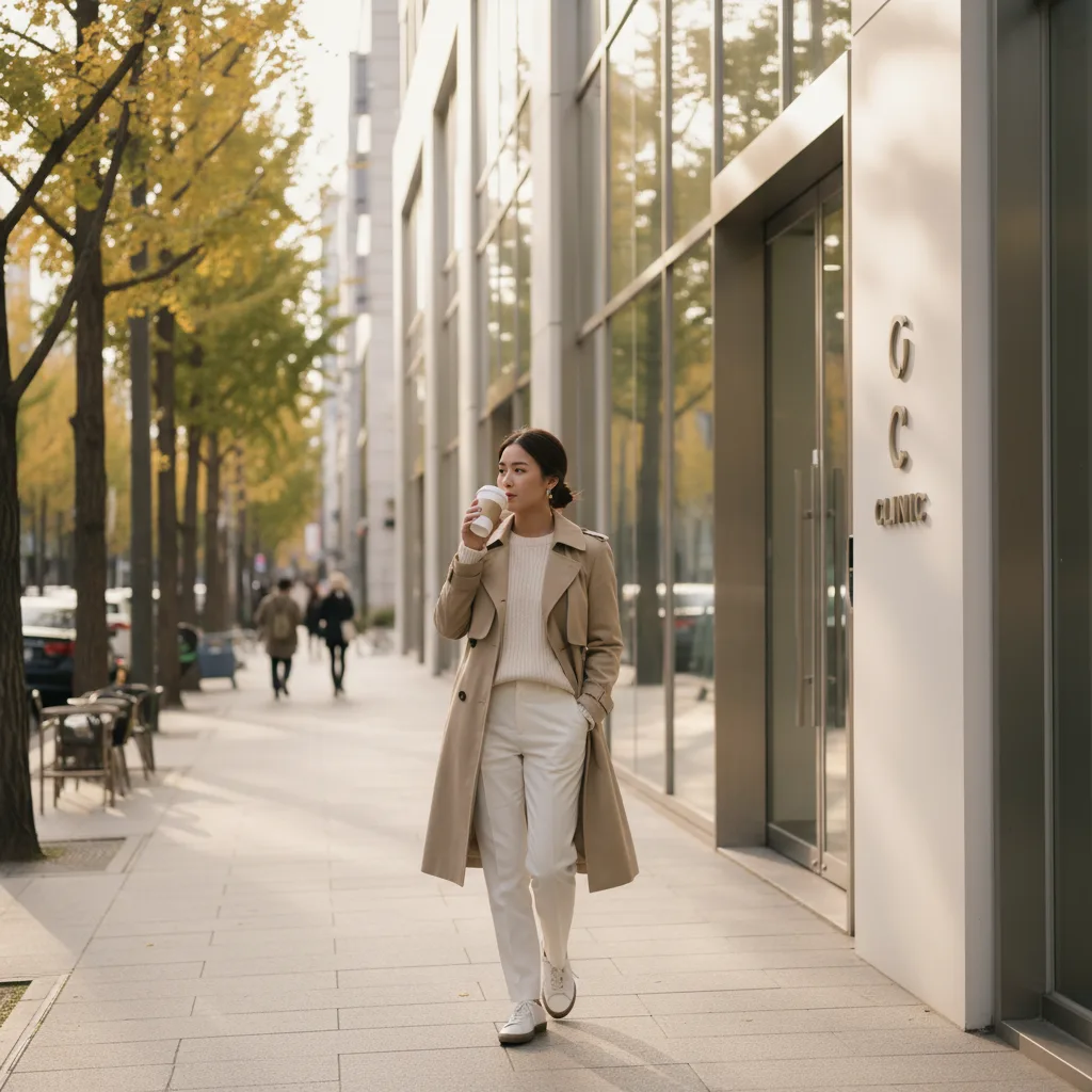 Woman walking past a glass clinic entrance on a tree-lined Apgujeong street in Seoul with a takeaway coffee, late afternoon light.