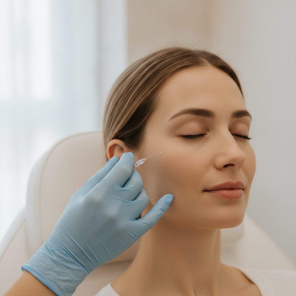 Caucasian woman receiving a fine-needle regenerative injection in an Apgujeong aesthetic clinic treatment room
