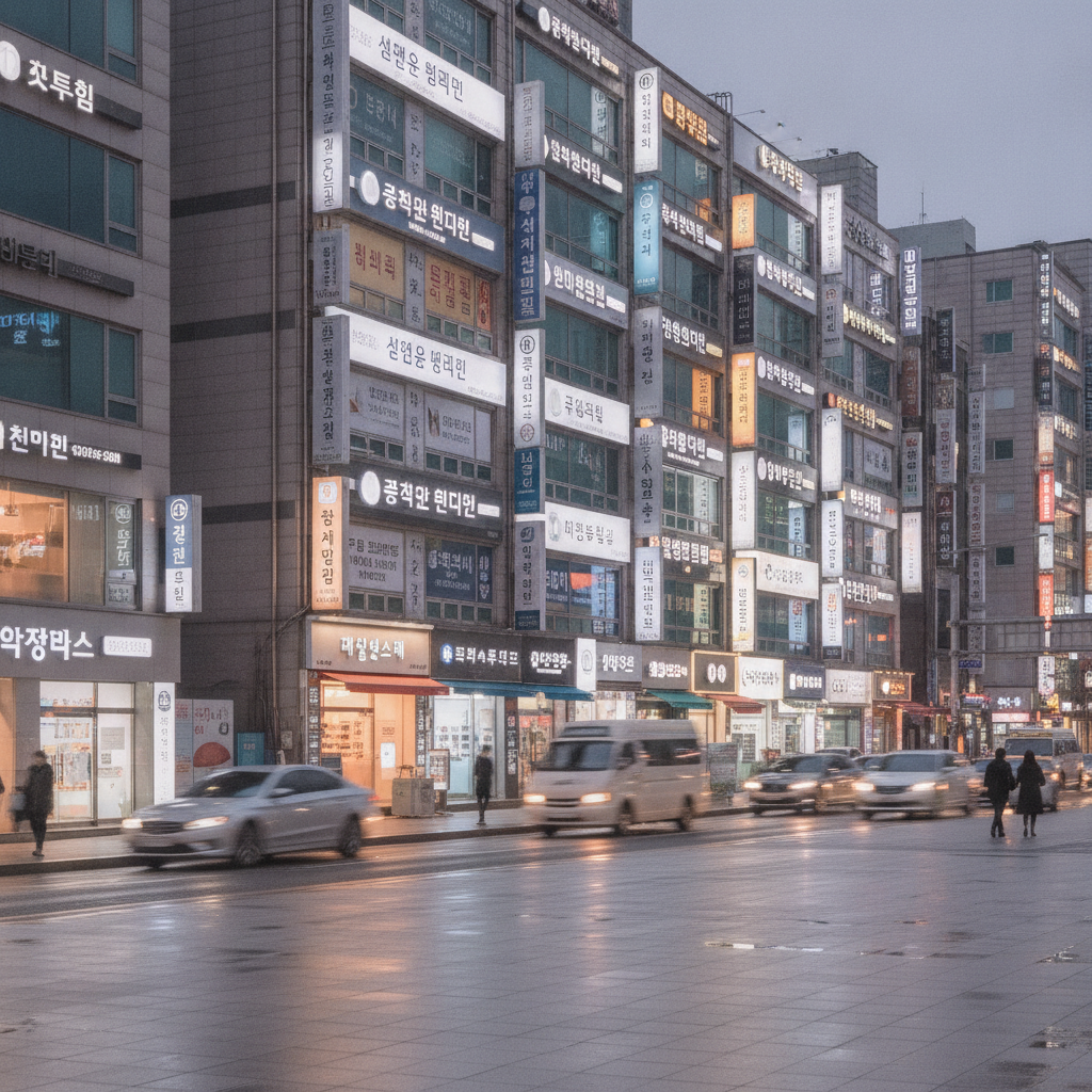 Dense block of aesthetic clinic signage along Gangnam-daero near Sinnonhyeon Station Exit 6 at dusk