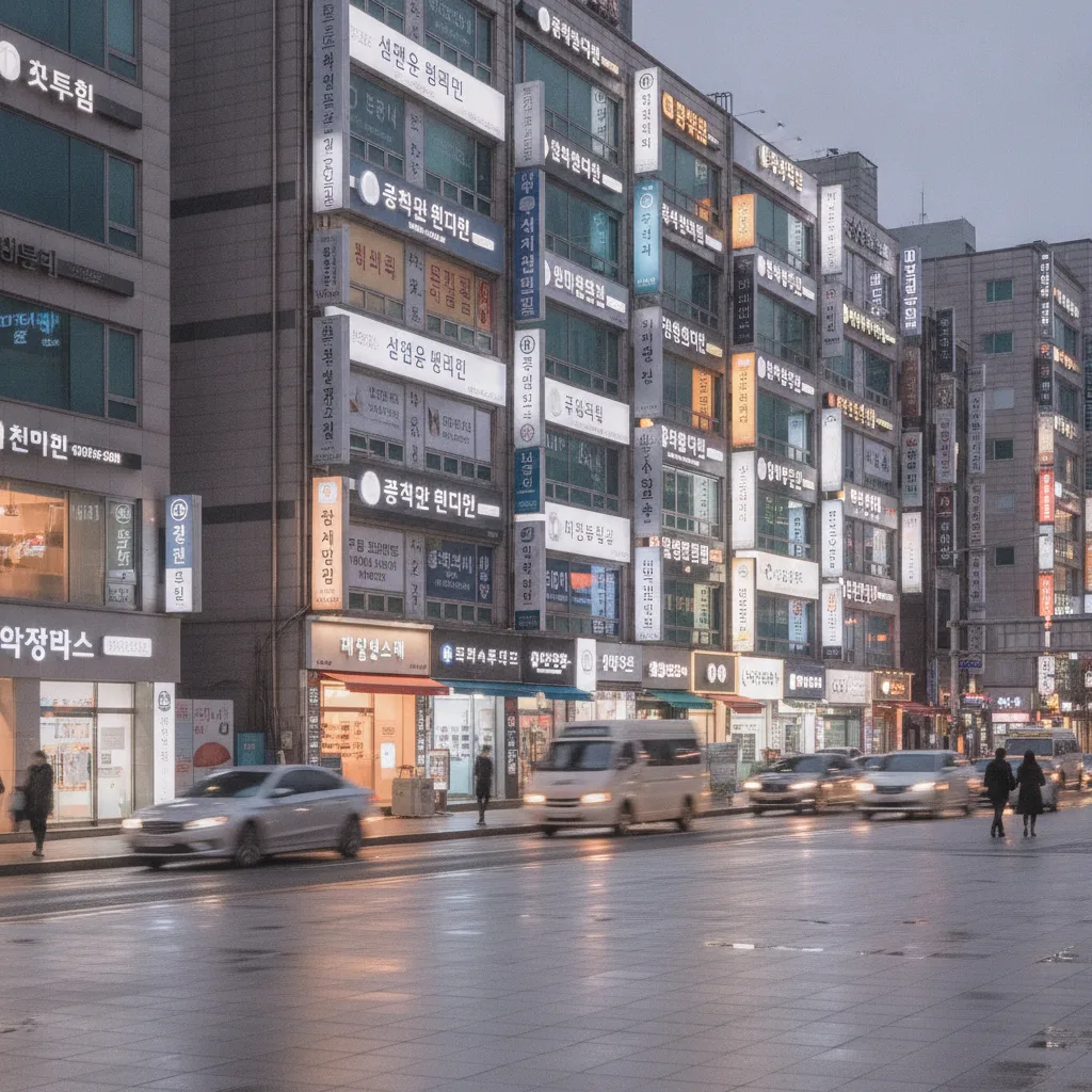 Dense block of aesthetic clinic signage along Gangnam-daero near Sinnonhyeon Station Exit 6 at dusk