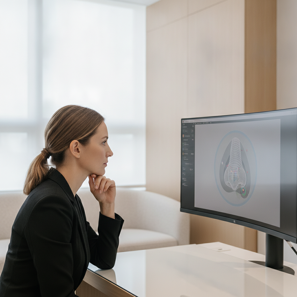 Patient reviewing a 3D nose simulation during a Seoul rhinoplasty consultation