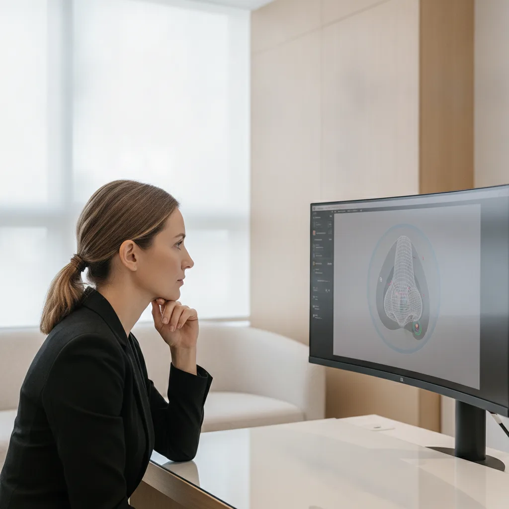 Patient reviewing a 3D nose simulation during a Seoul rhinoplasty consultation