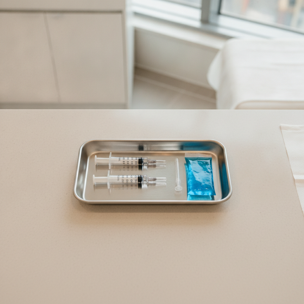 Stainless tray with hyaluronic acid lip filler syringes and a 30G needle on a beige countertop
