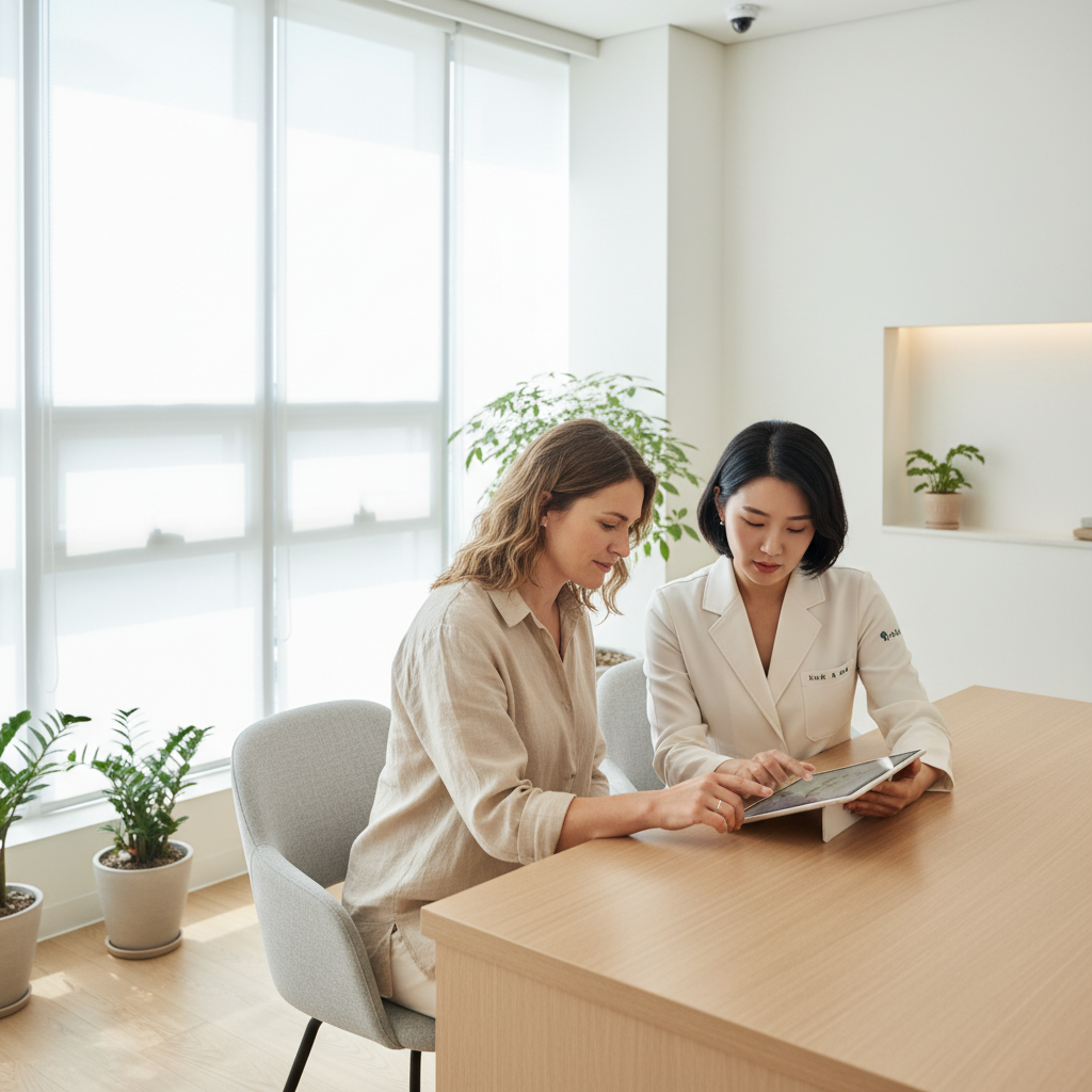 Caucasian woman in a Gangnam aesthetic clinic consultation room reviewing a treatment plan with a dermatologist