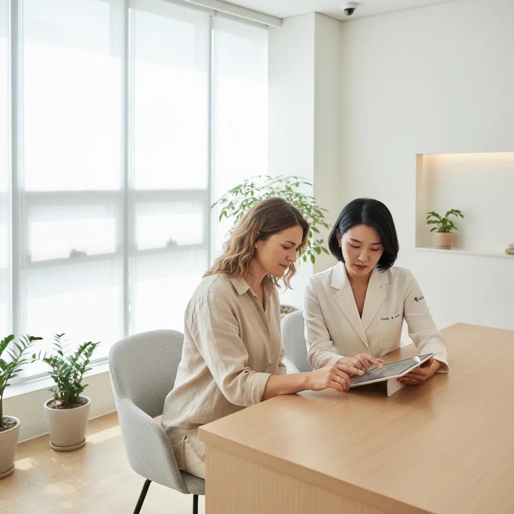 Caucasian woman in a Gangnam aesthetic clinic consultation room reviewing a treatment plan with a dermatologist
