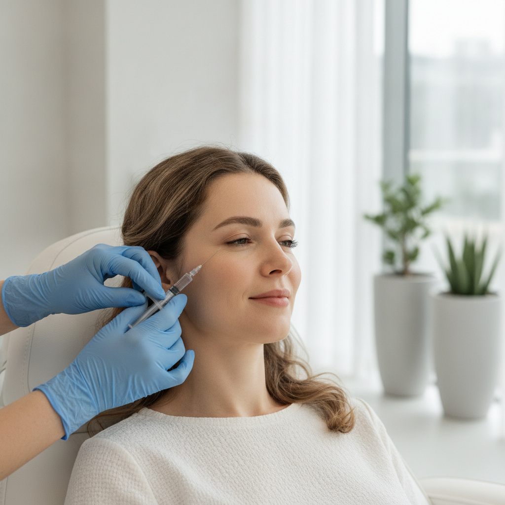 Western woman in her early thirties receiving a regenerative facial injection at a modern Gangnam clinic.