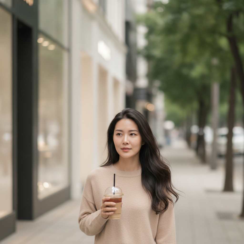 A patient walking an Apgujeong street post-treatment with a fresh, even complexion.