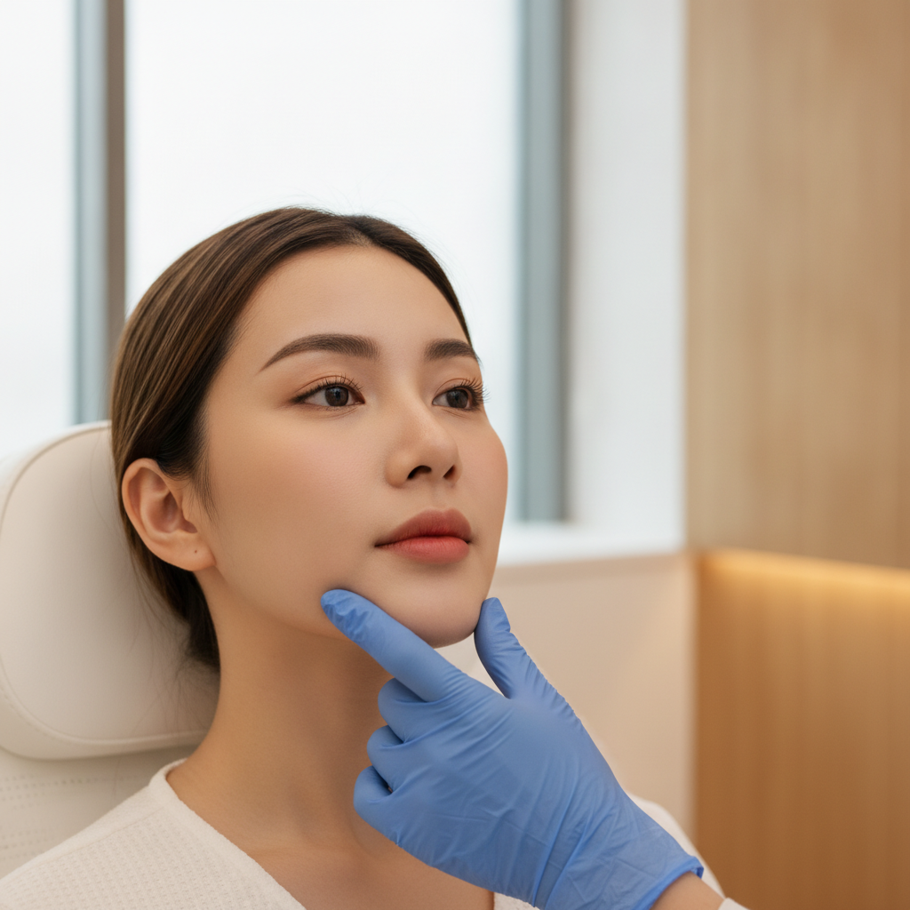 Doctor palpating a patient's masseter muscle during a Seoul clinic consultation