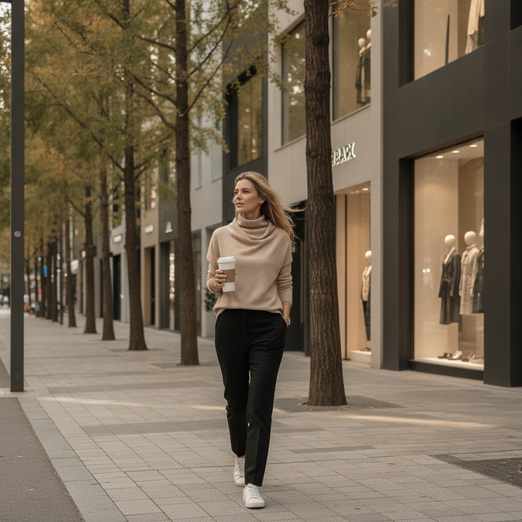 European woman in a beige turtleneck walking through Cheongdam-dong after a neck treatment
