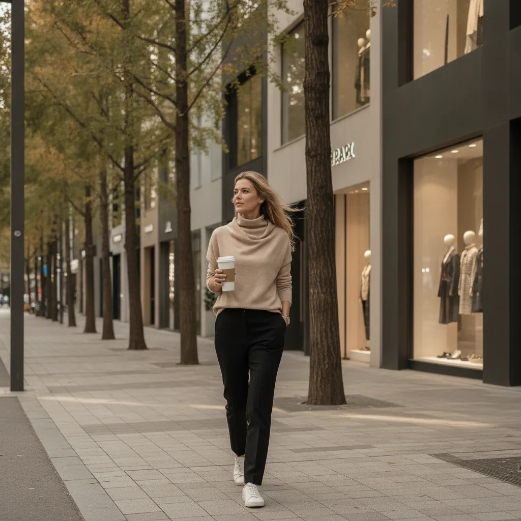 European woman in a beige turtleneck walking through Cheongdam-dong after a neck treatment