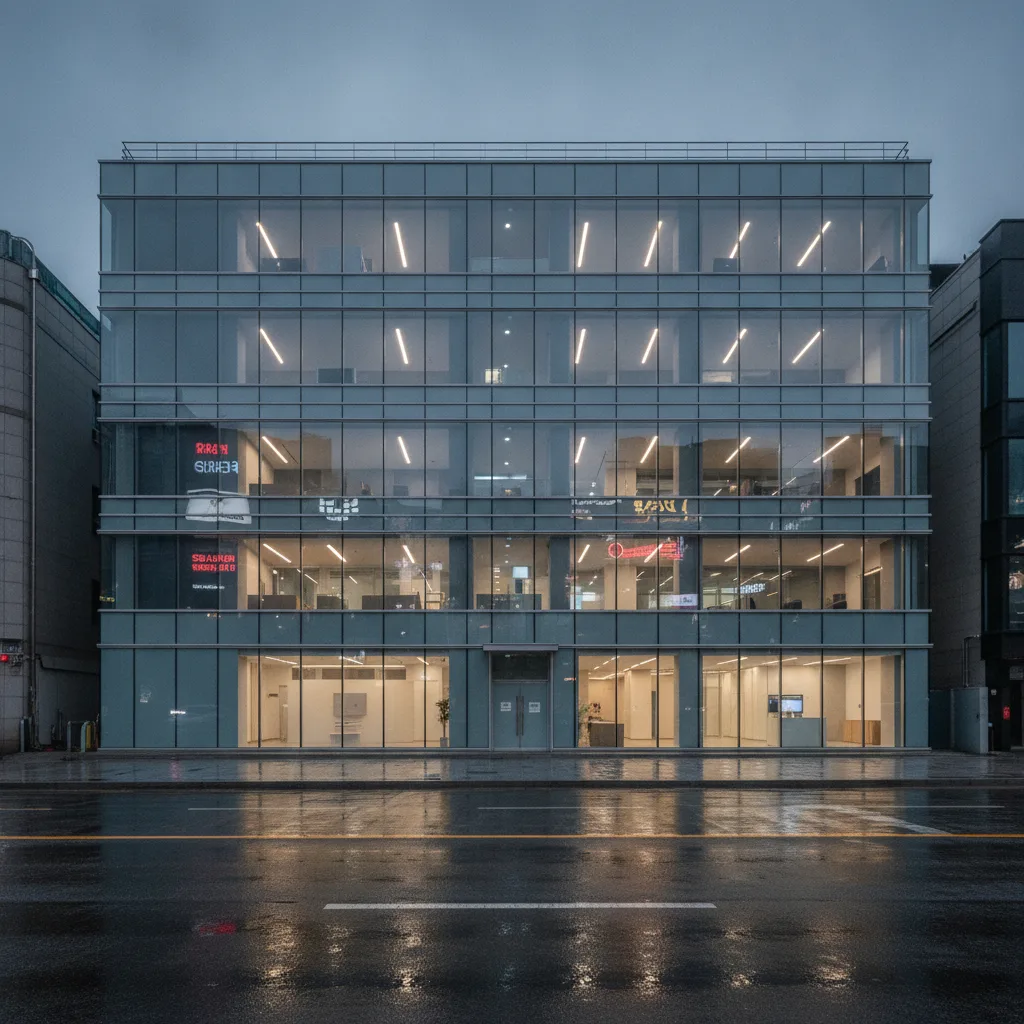 Modern Hongdae aesthetic clinic building exterior at dusk on Yanghwa-ro, glass façade with subtle floor signage and neon café reflections on the wet street