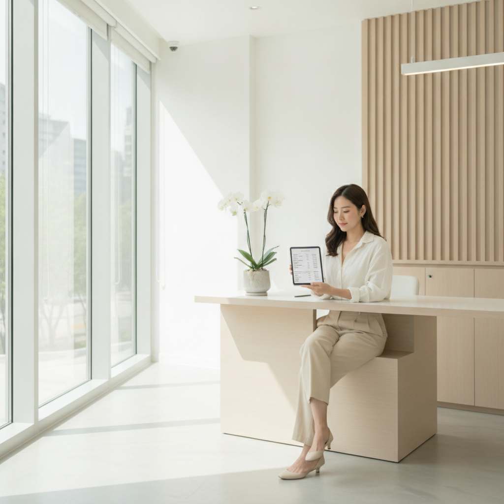 Patient reviewing a clinic price menu on a tablet in a bright minimalist Sinsa clinic reception