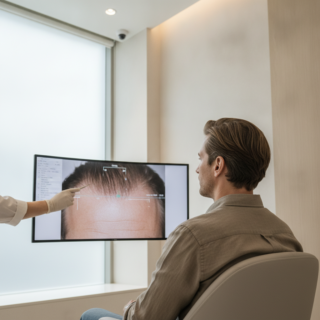 Patient consultation with a clinician reviewing magnified scalp density imaging at a Seoul hair clinic