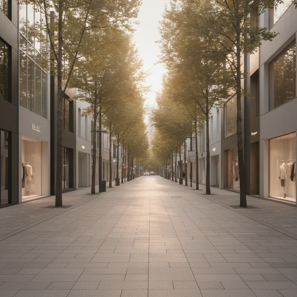 Tree-lined Garosu-gil street in Sinsa, Seoul, at golden hour with boutique facades