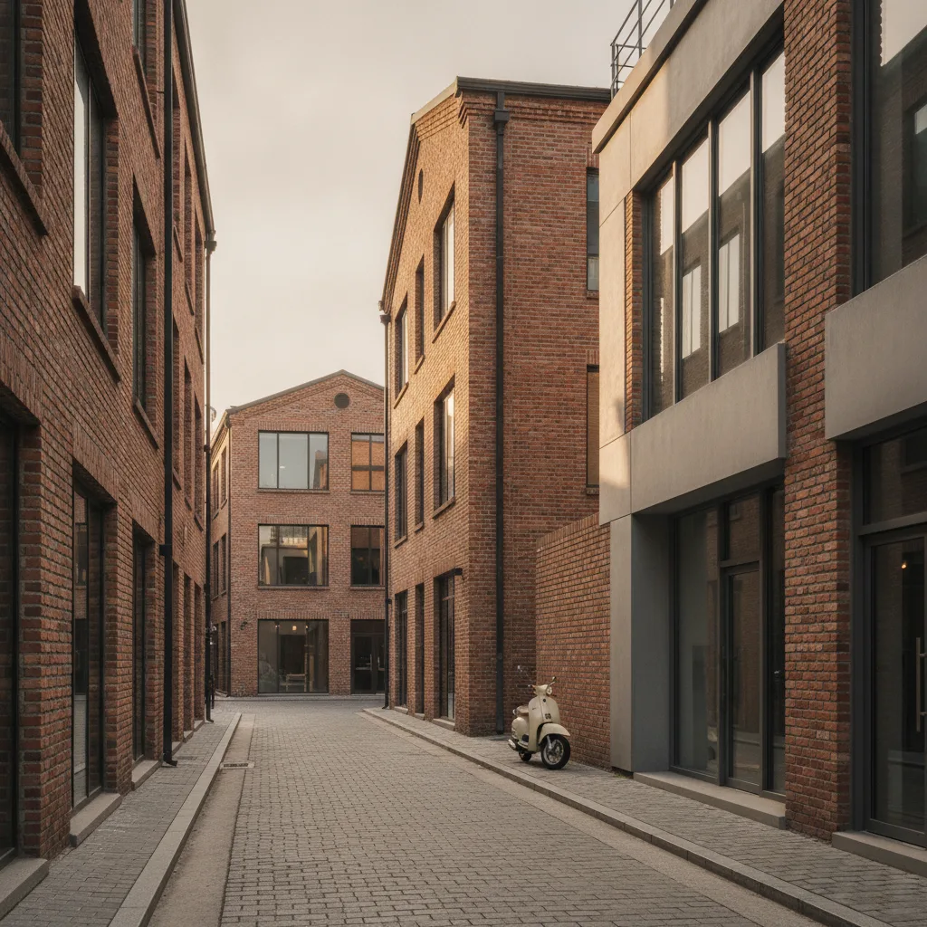 Seongsu-dong street at golden hour, red-brick warehouses converted to boutique storefronts
