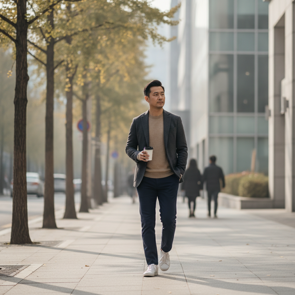 Patient walking a quiet Gangnam street in Seoul on the morning after a hair transplant consultation