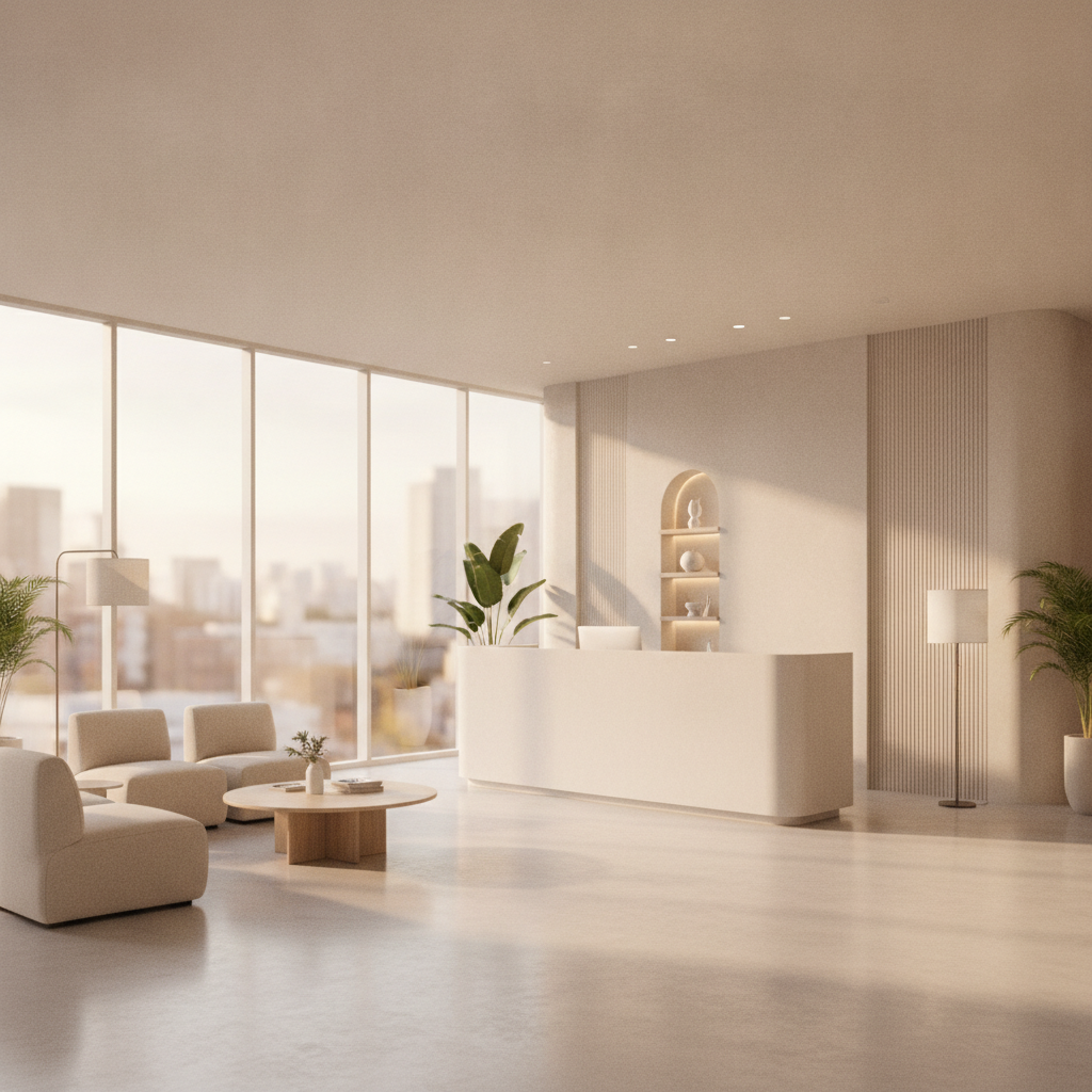 Modern Apgujeong aesthetic clinic reception interior at golden hour