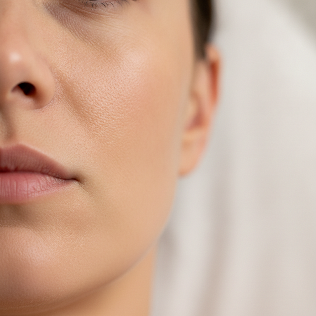 Close-up of refined skin texture showing fine pores on a cheek