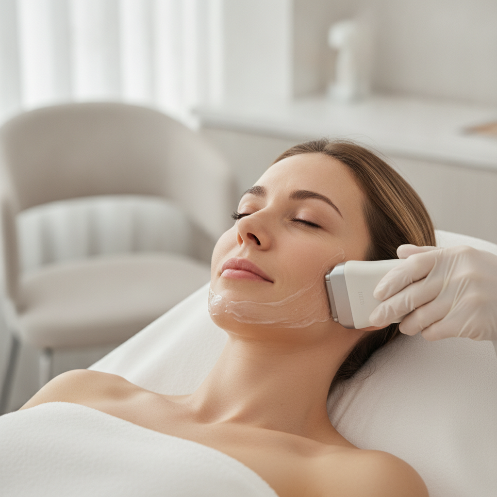 Caucasian woman receiving HIFU treatment along her jawline at a Seoul aesthetic clinic