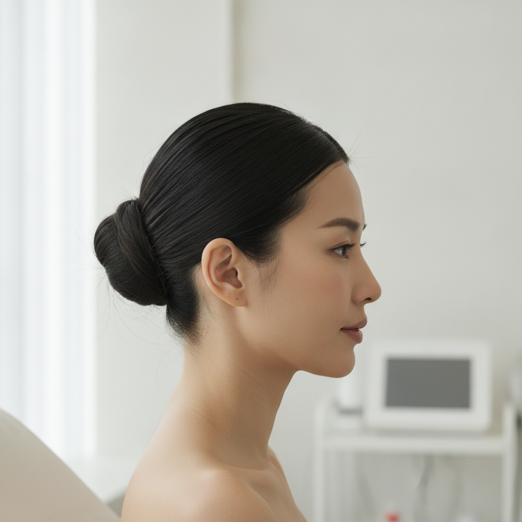 Side profile of a Thai woman's neck and jawline at an Apgujeong clinic showing faint horizontal lines