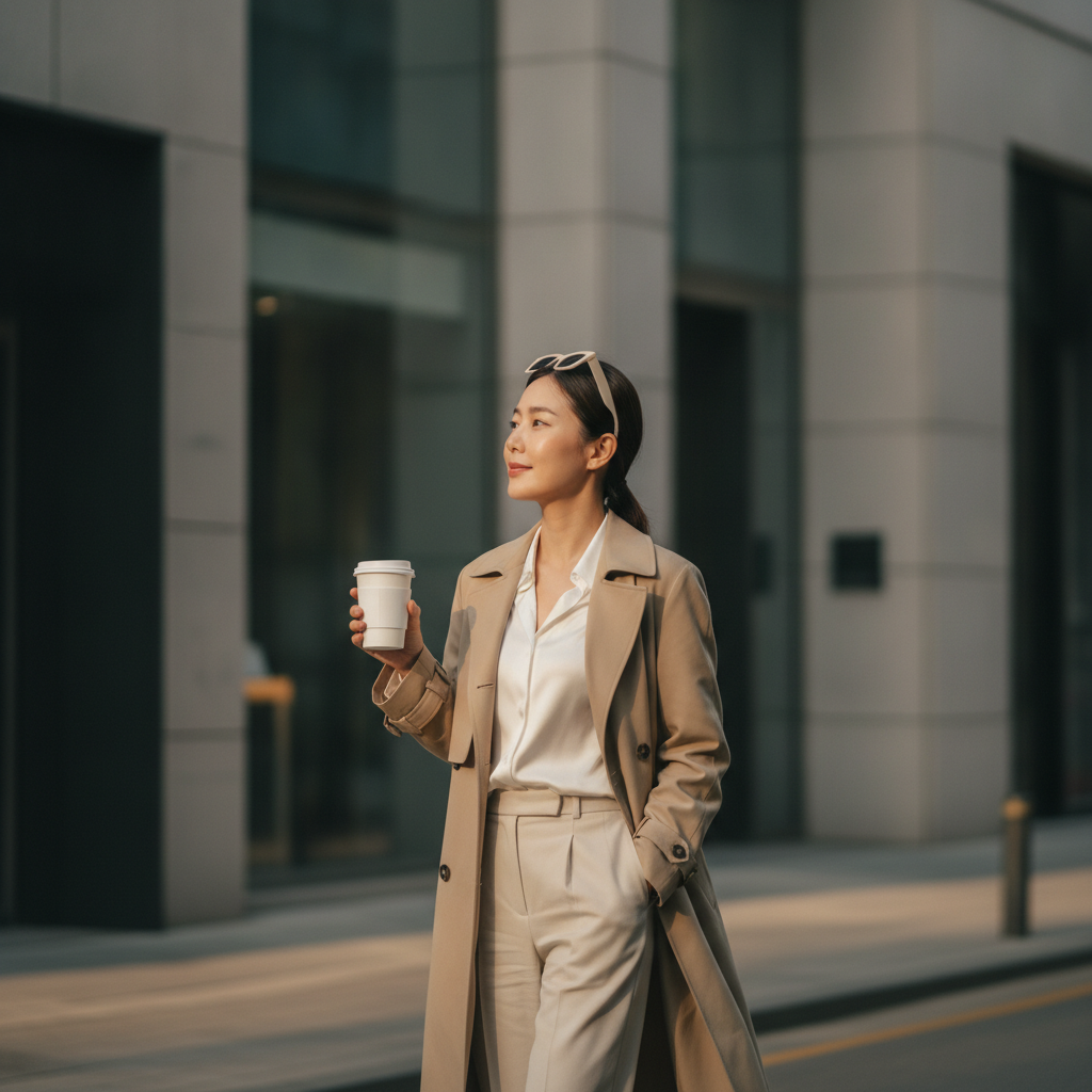 Thai woman walking down an Apgujeong street after an aesthetic appointment