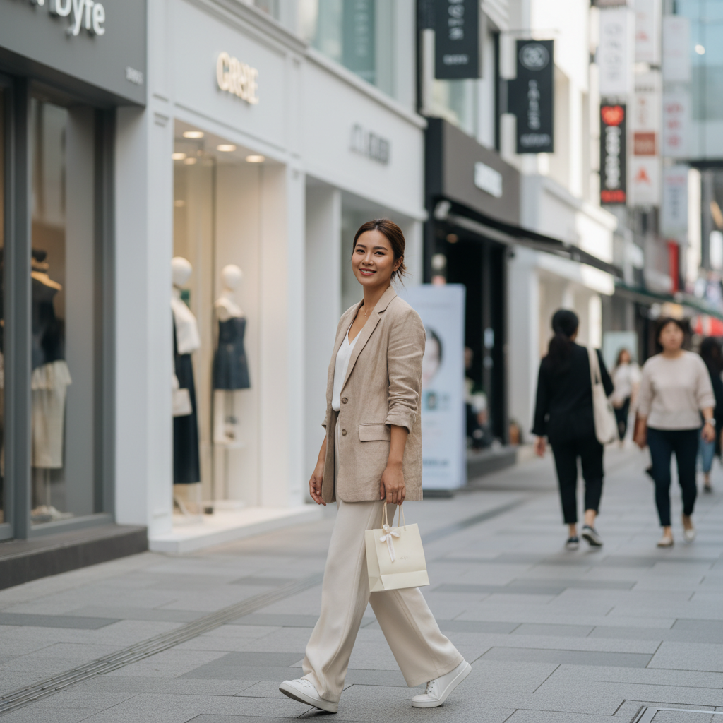 Thai woman in her late twenties walking through Myeongdong pedestrian street in Seoul carrying a small bag after a clinic visit
