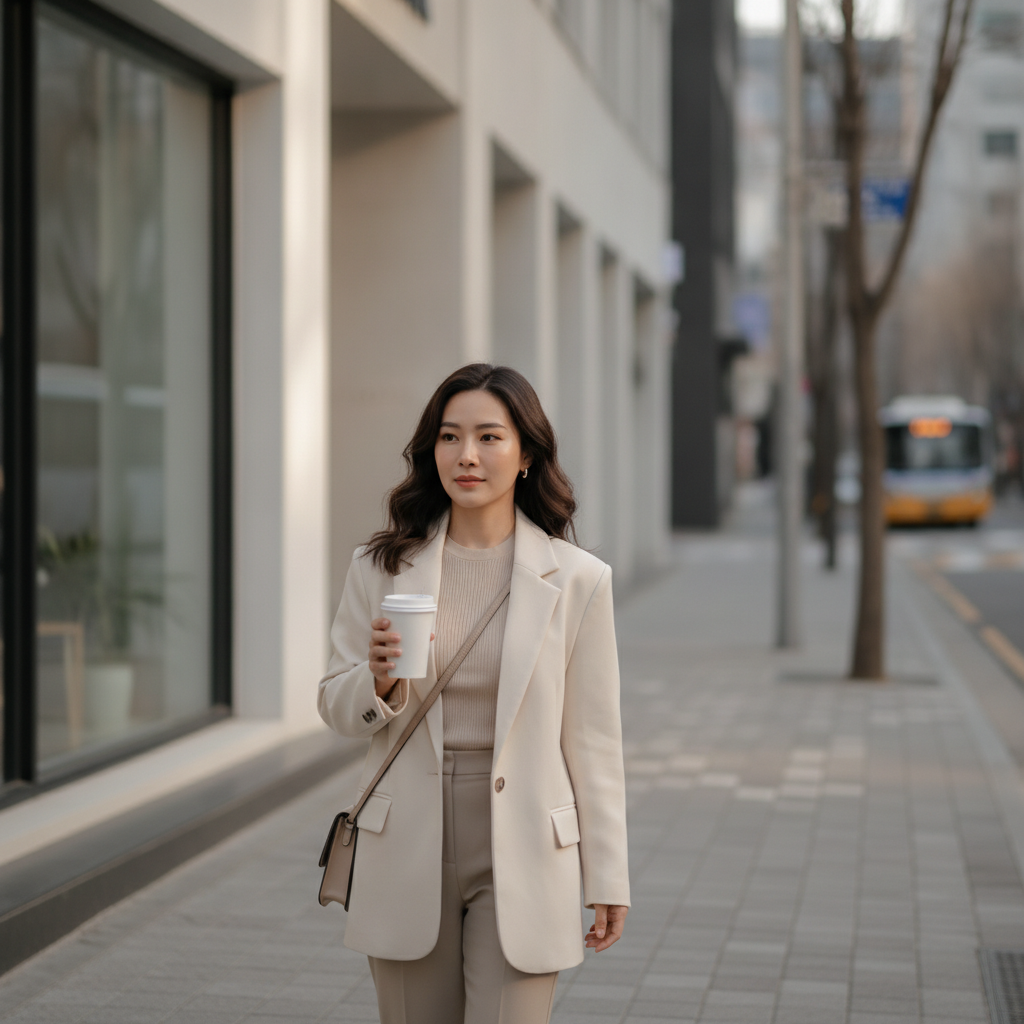 Thai woman in her late twenties walking a quiet Apgujeong street with a coffee, post-treatment
