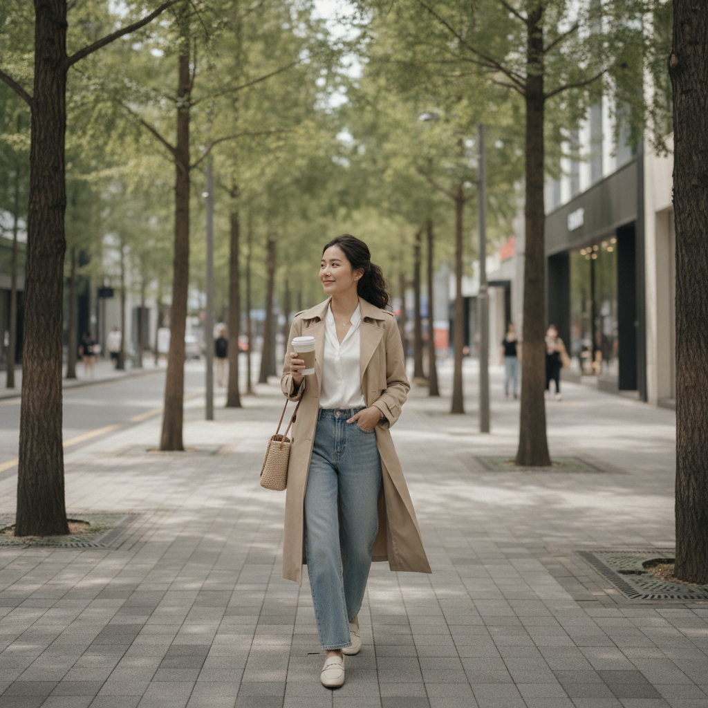 A young woman walking down a tree-lined Cheongdam street in Seoul holding a takeaway coffee