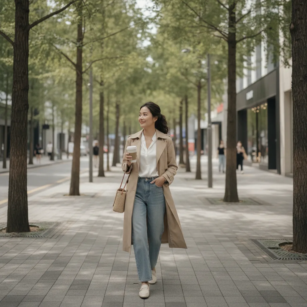 A young woman walking down a tree-lined Cheongdam street in Seoul holding a takeaway coffee