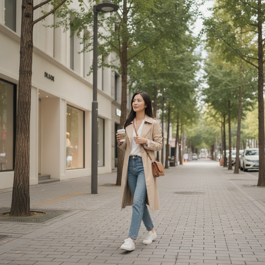 Woman walking down a quiet Apgujeong side street post-consultation in Seoul