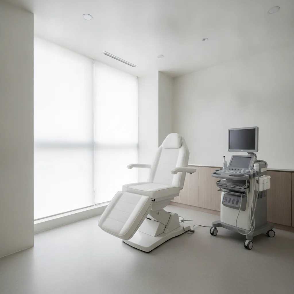Empty treatment room at a Gangnam aesthetic clinic with an ultrasound device on a side table, soft natural light from a frosted window