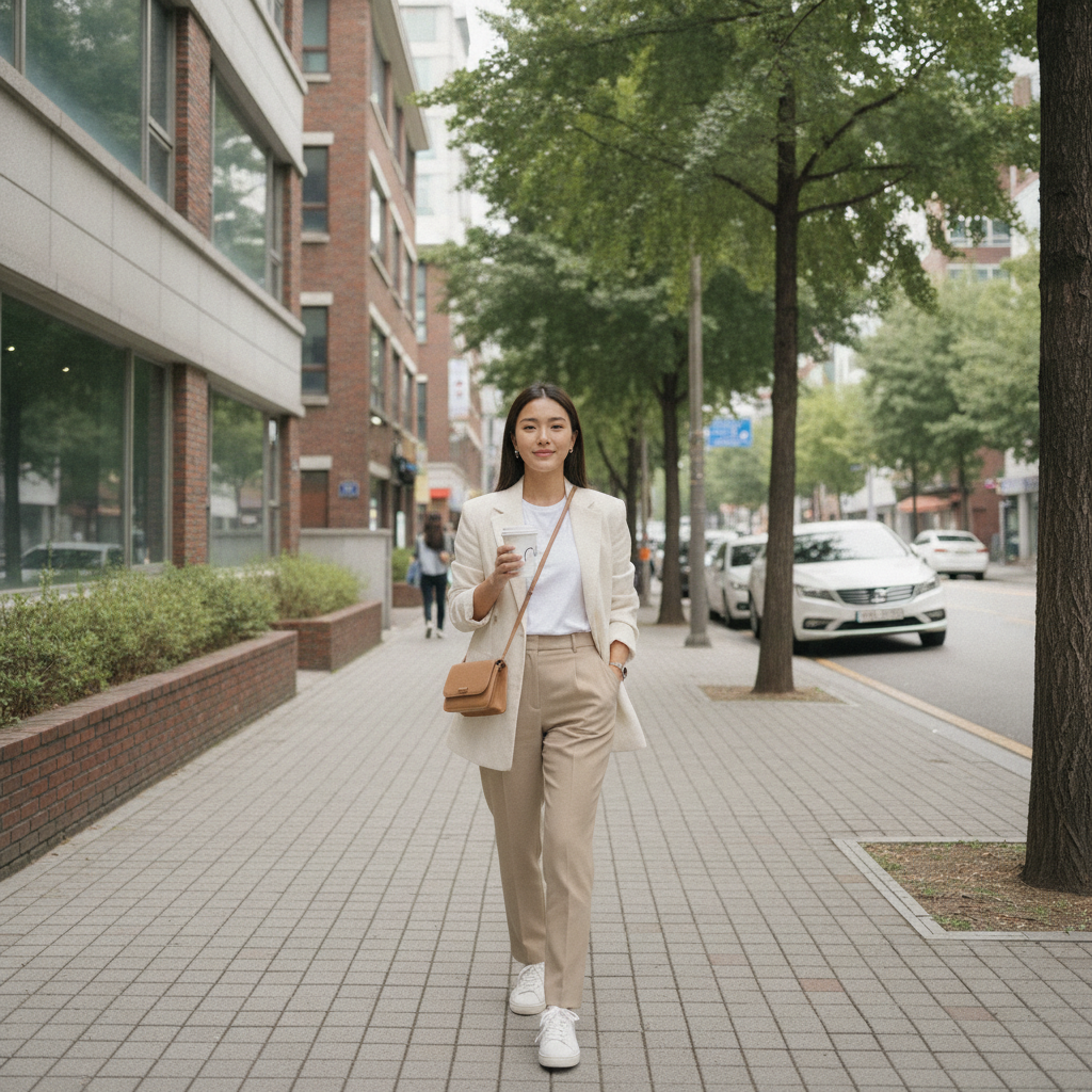 Woman walking a Seocho side street near Gyodae Station with a takeaway coffee after a clinic visit